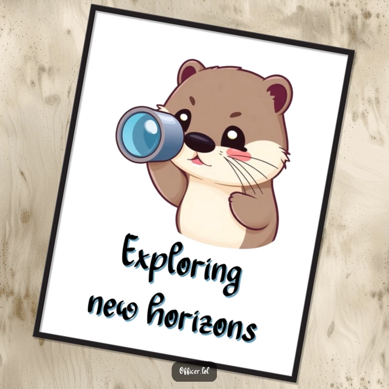 Funny Free Printable Wall Art of a cute otter joyfully peering through a spyglass, exploring new horizons with a happy gaze.
