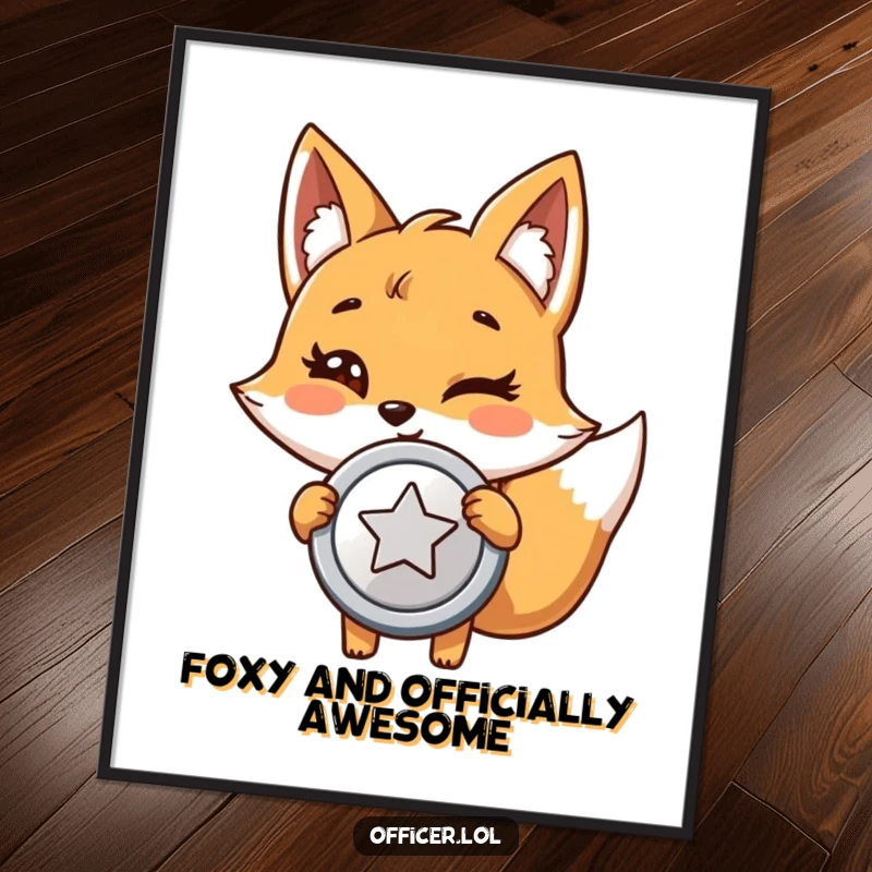 Funny Free Printable Wall Art: A giggling cartoon fox holds a large, shiny detective badge with pride and a playful wink.