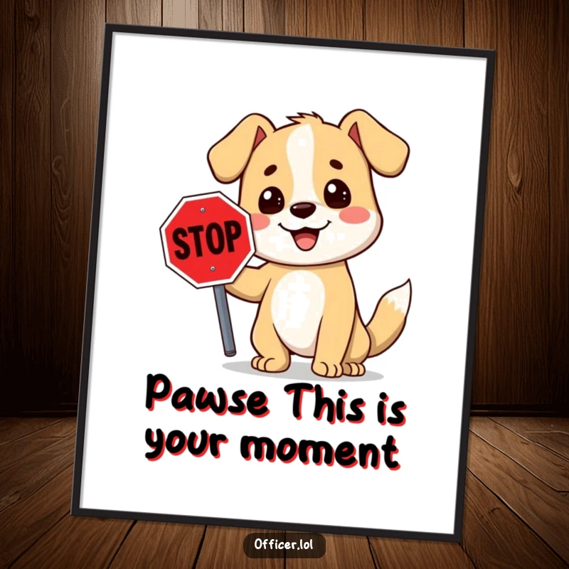 Funny Free Printable Wall Art: Cartoon dog holding a stop sign, smiling, humorous downloadable decor.