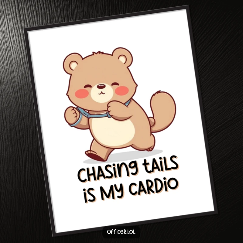 Funny free printable wall art of a playful bear wearing handcuffs, caught in a comical loop chasing its own tail with sheer determination.