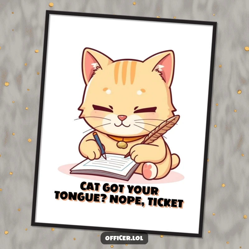 Funny Free Printable Wall Art: A diligent cat with a friendly expression writing a ticket with a quill, exuding focused, yet approachable, charm.