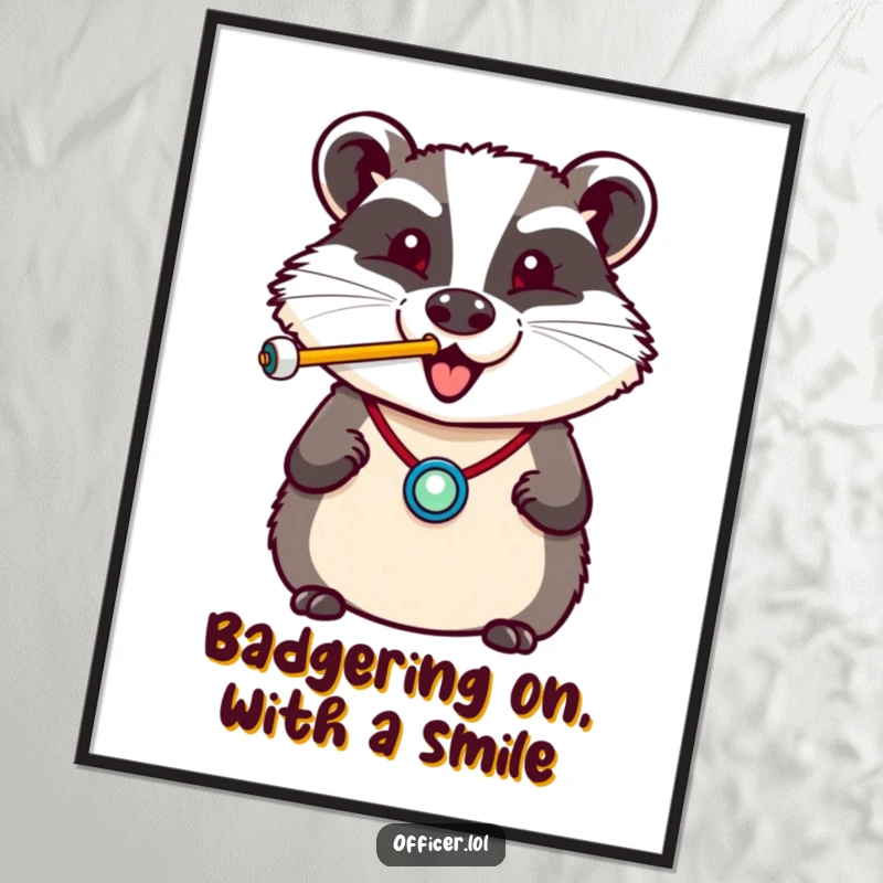 Funny Free Printable Wall Art of a cheerful badger wearing a tiny badge, blowing a whistle with a happy, energetic puff.
