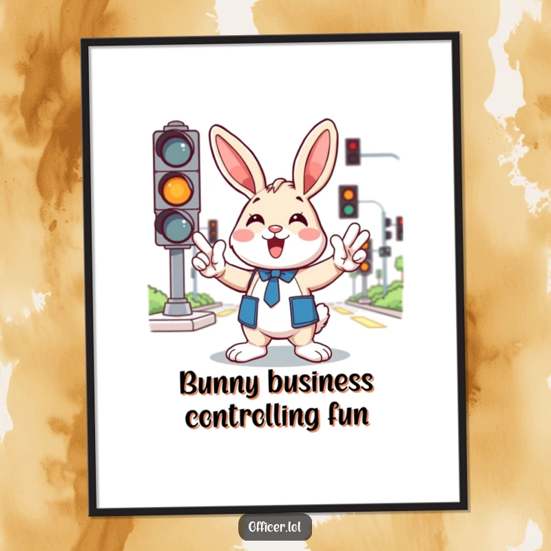 Funny Free Printable Wall Art: A cheerful bunny energetically directs imaginary traffic with enthusiastic paw gestures.