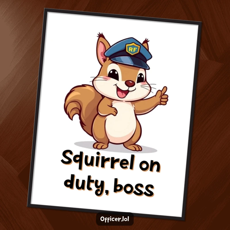Funny Free Printable Wall Art: Happy squirrel wearing a tiny police hat, enthusiastically directing traffic, humorous decor