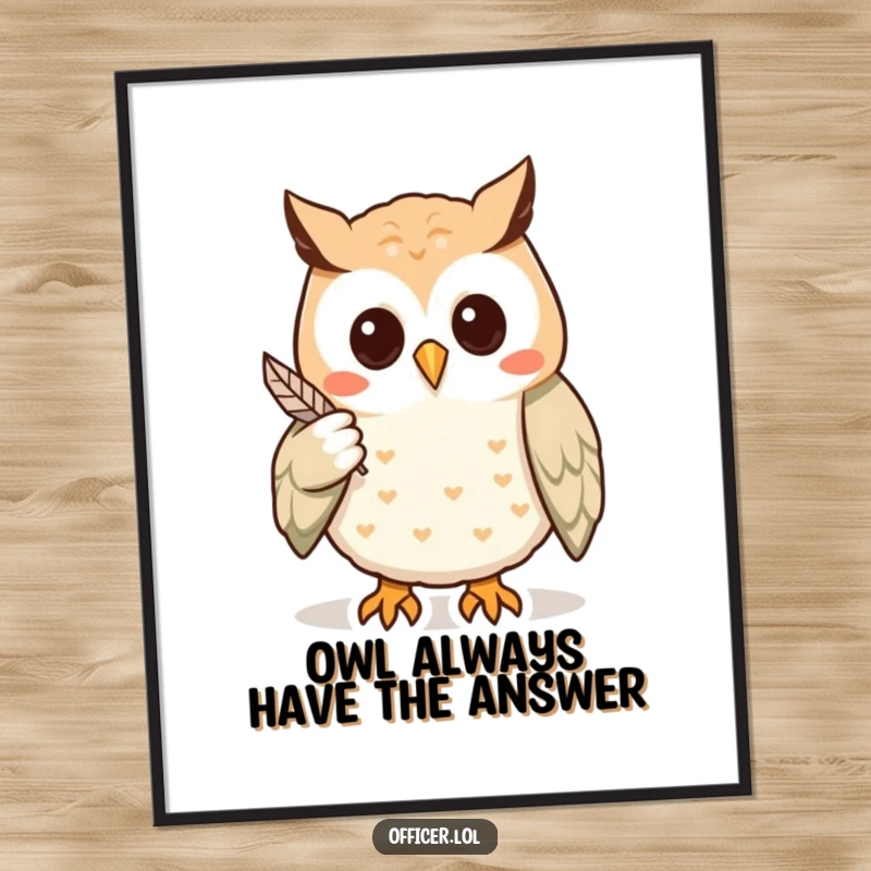 Funny Free Printable Wall Art: Wise owl pointing with a feather, hinting at something intriguing.