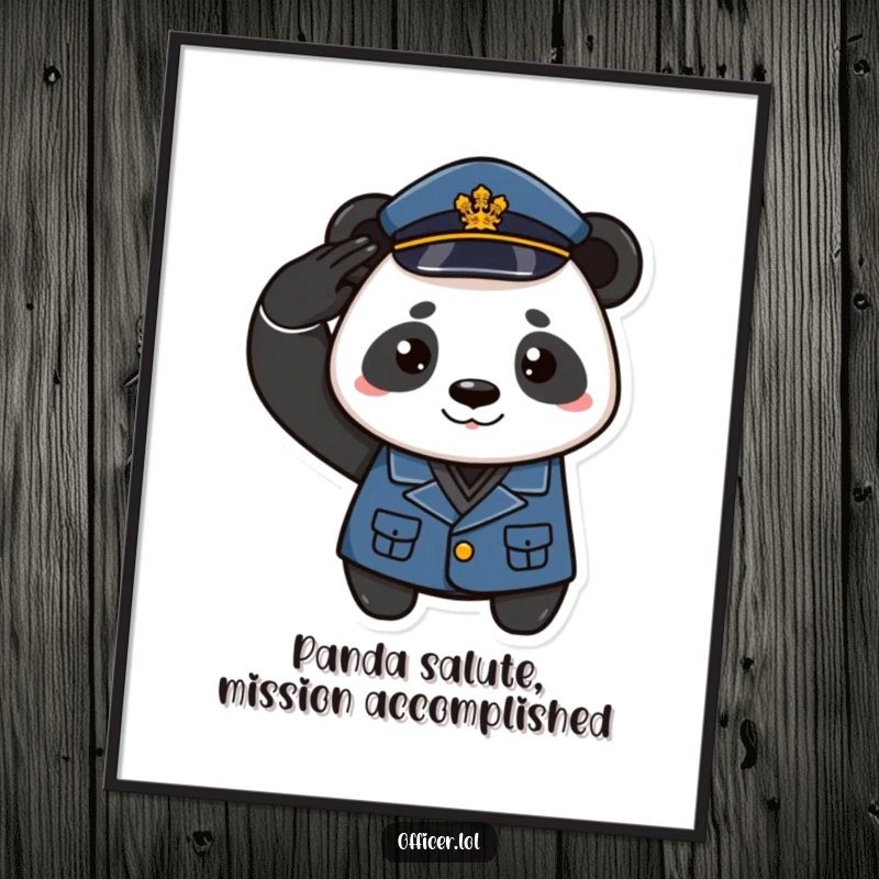 Funny Free Printable Wall Art: A playful panda proudly wears a uniform and salutes with a confident smirk.