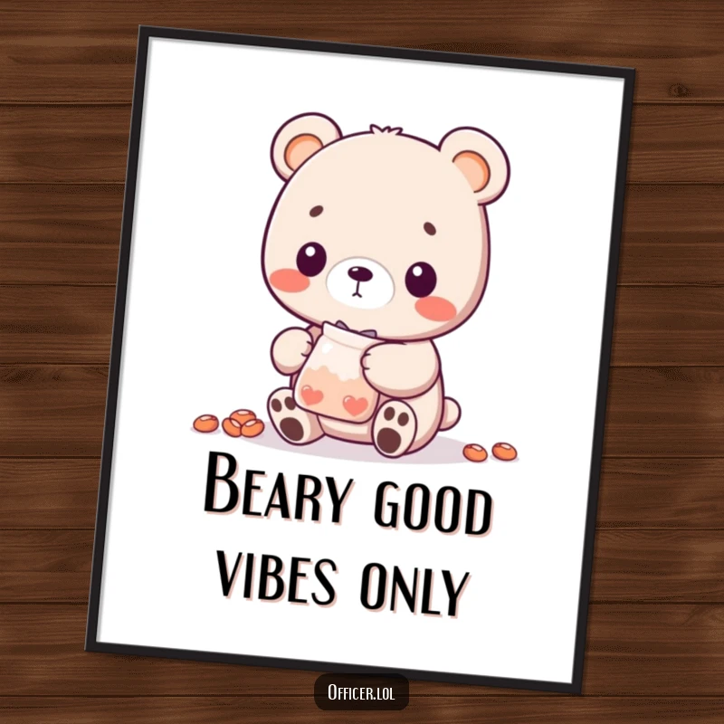 Funny Free Printable Wall Art: A sweet bear cub generously distributes a small bag of treats with a nod, creating heartwarming and humorous decor.