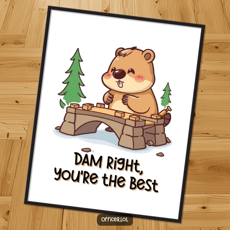 Funny Free Printable Wall Art: A diligent beaver directs bridge construction with a determined, cheerful expression.