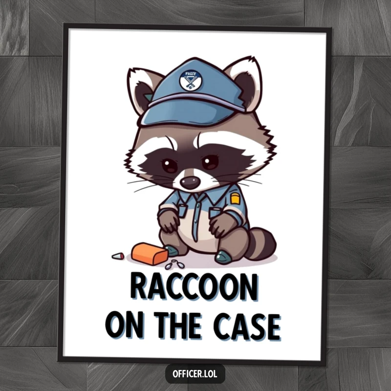 Funny Free Printable Wall Art of a curious raccoon officer intently examining a dropped item.