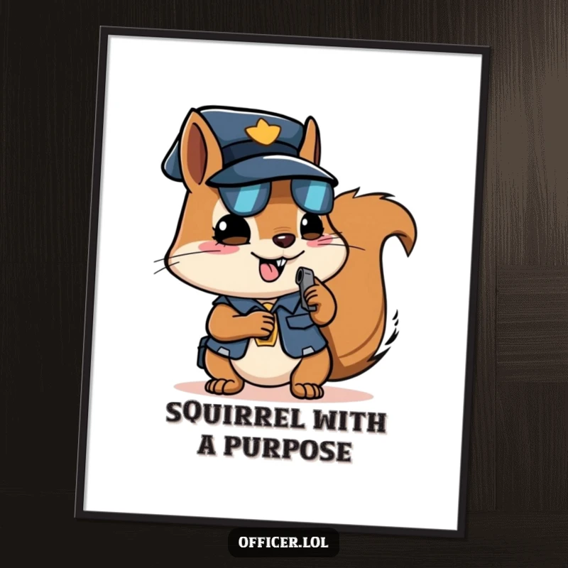 Funny Free Printable Wall Art of a determined squirrel officer holding a tiny whistle with a happy expression.