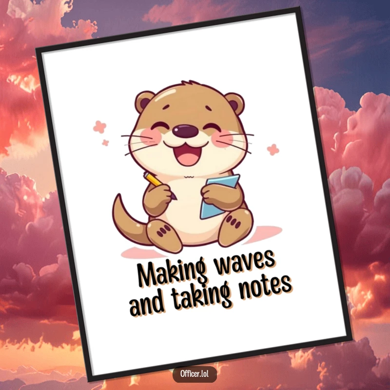 Funny Free Printable Wall Art: A joyful otter enthusiastically scribbles notes on a small pad, creating whimsical and humorous wall decor.