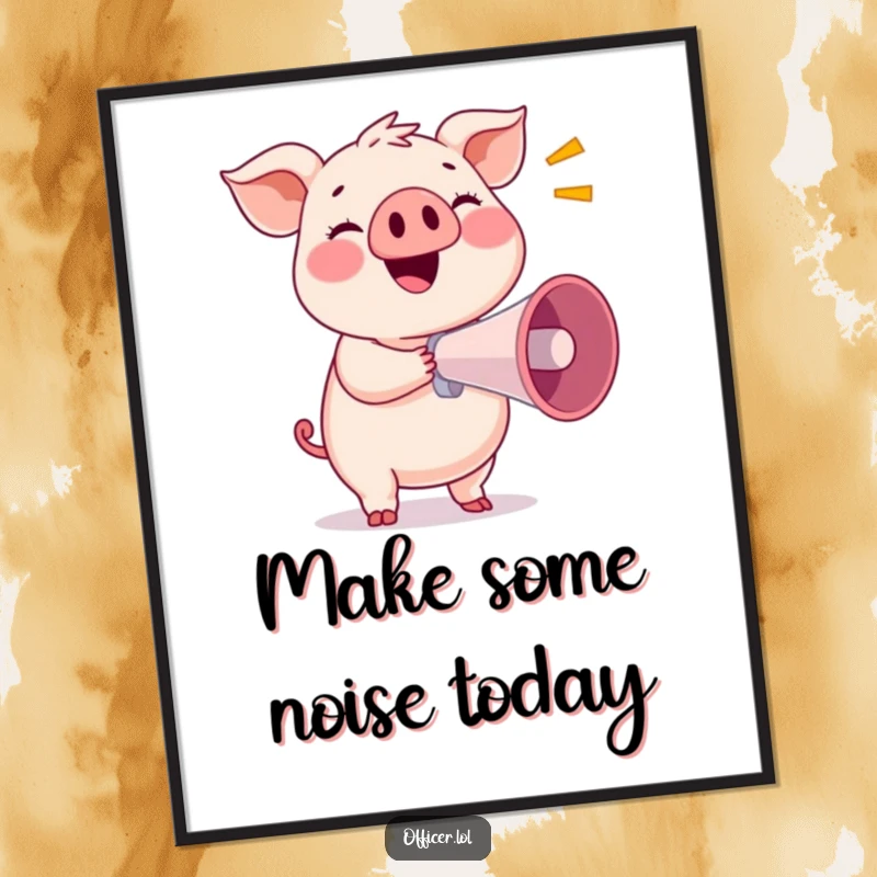 Funny Free Printable Wall Art: Smiling pig holding a megaphone making a loud, happy announcement, great DIY.