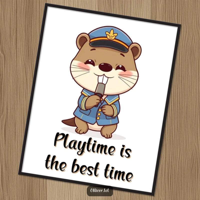 Funny Free Printable Wall Art: A playful otter in a small uniform grins widely while blowing a tiny whistle, adding fun.