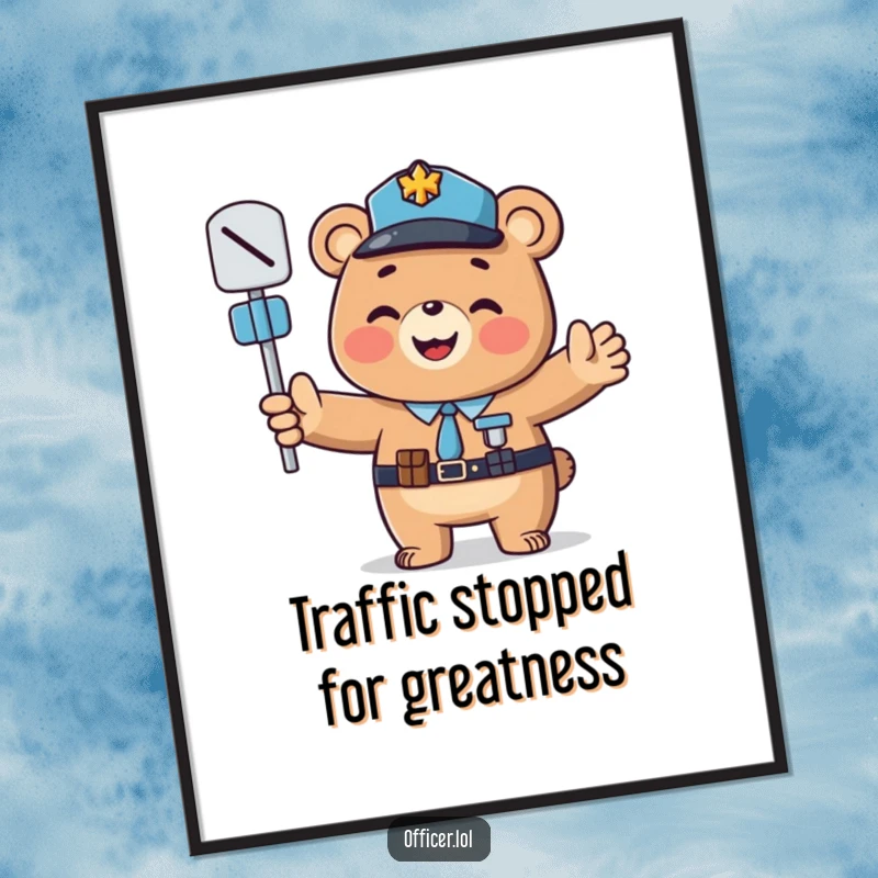 Funny Free Printable Bear Officer Art: A smiling bear officer cheerfully directs traffic with wide-open paws and a friendly expression.