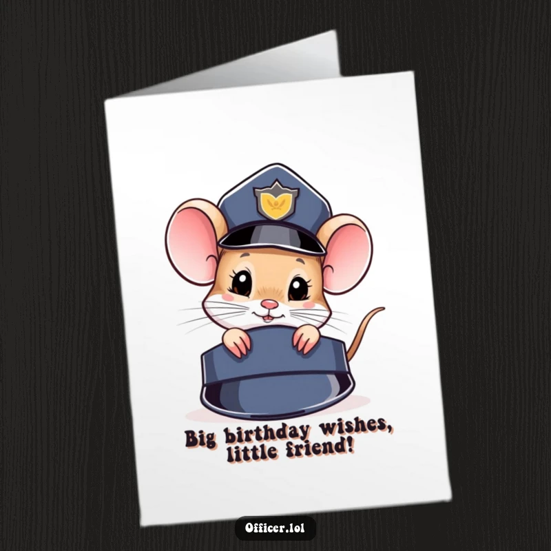 Funny Free Printable Birthday Card showing a curious mouse peeking from behind a police hat, ready for a birthday investigation.