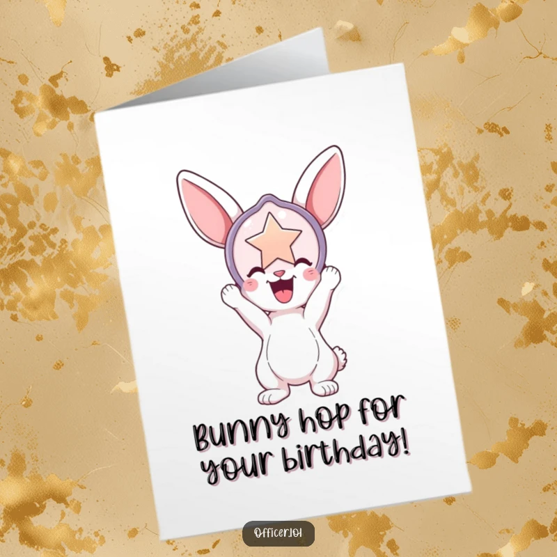 Funny Free Printable Birthday Card: A playful bunny proudly holds a large, shiny badge aloft, celebrating a birthday as a true champion.