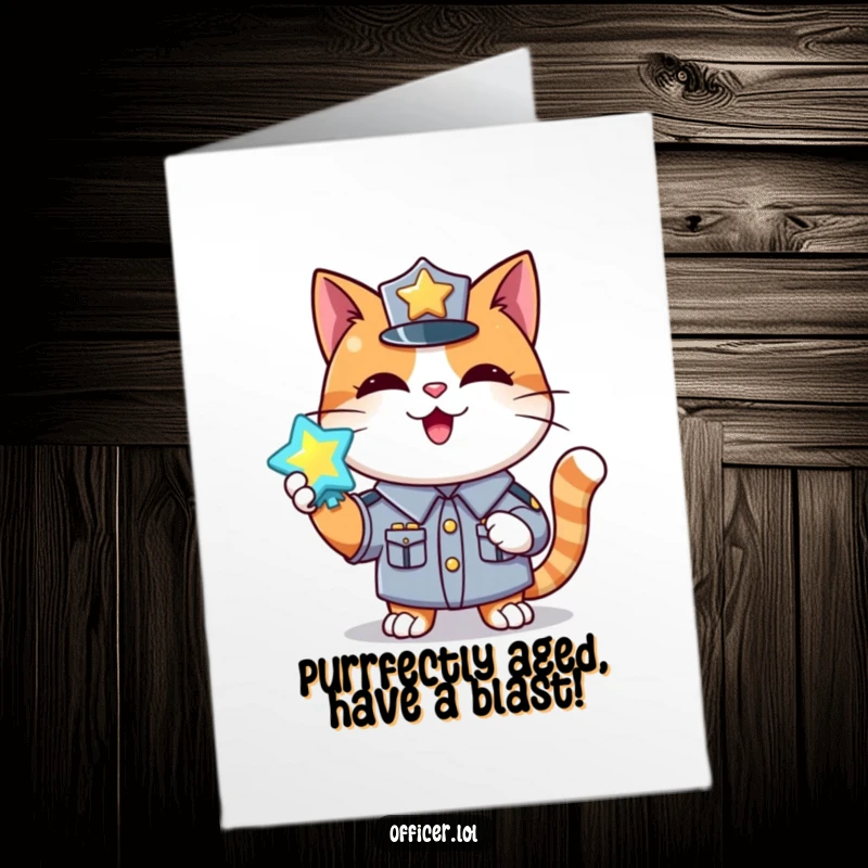 Funny Free Printable Birthday Card: Happy cat in a uniform proudly holds up a shiny, glowing badge with a smile.