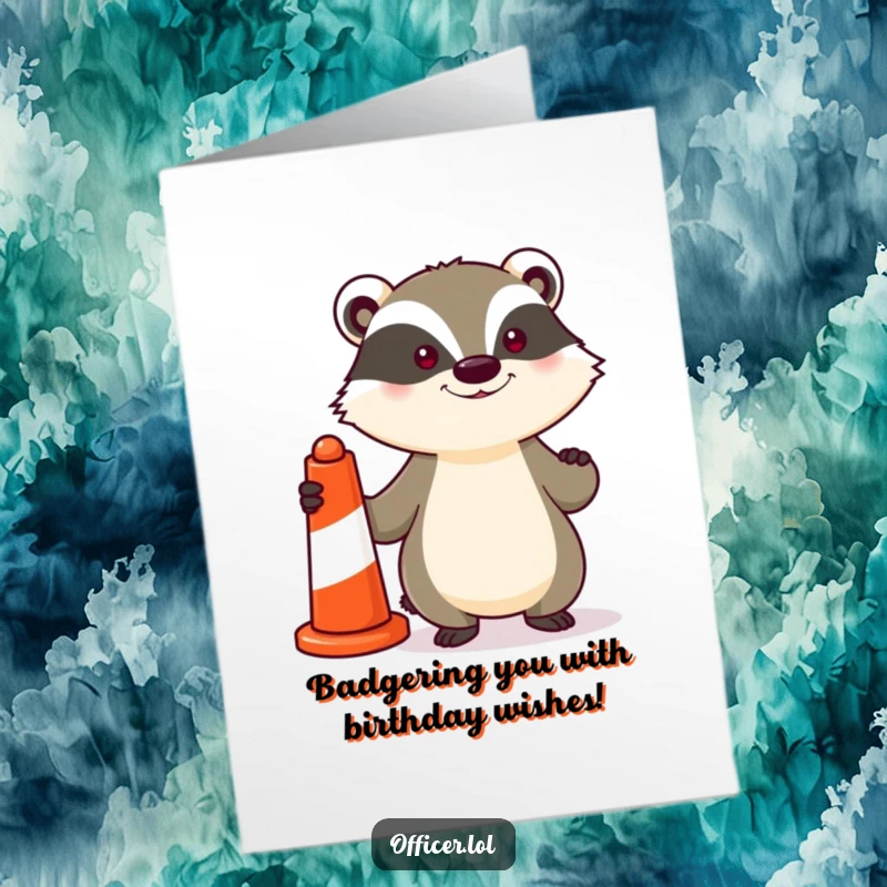 Funny Free Printable Birthday Card of a determined badger proudly holding a striped traffic cone, ready to direct the fun.