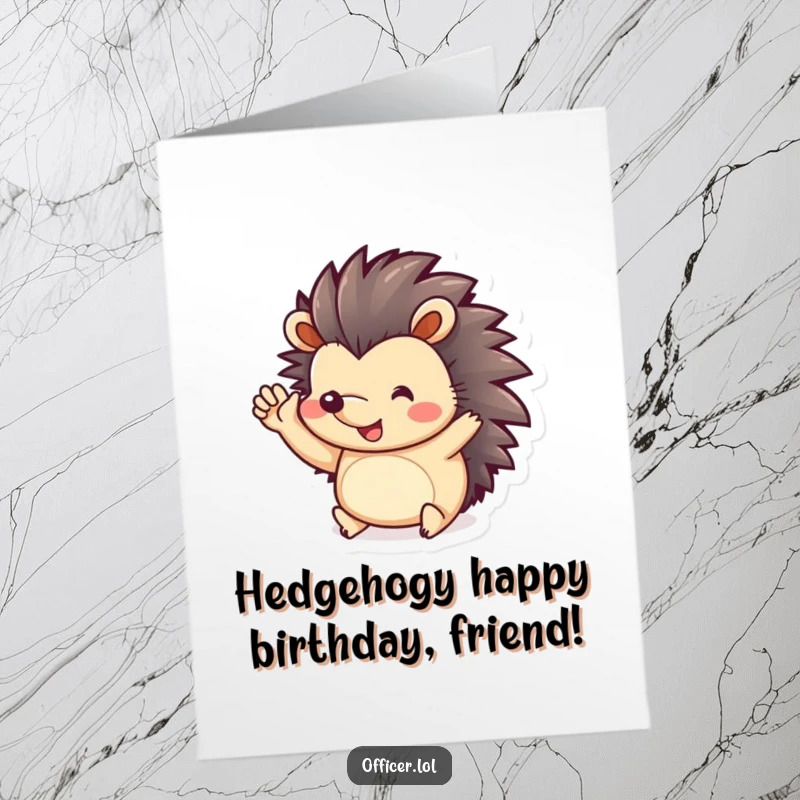 Funny Free Printable Birthday Card featuring a cute hedgehog giving a cheerful salute with its tiny paws, perfect for a playful celebration.