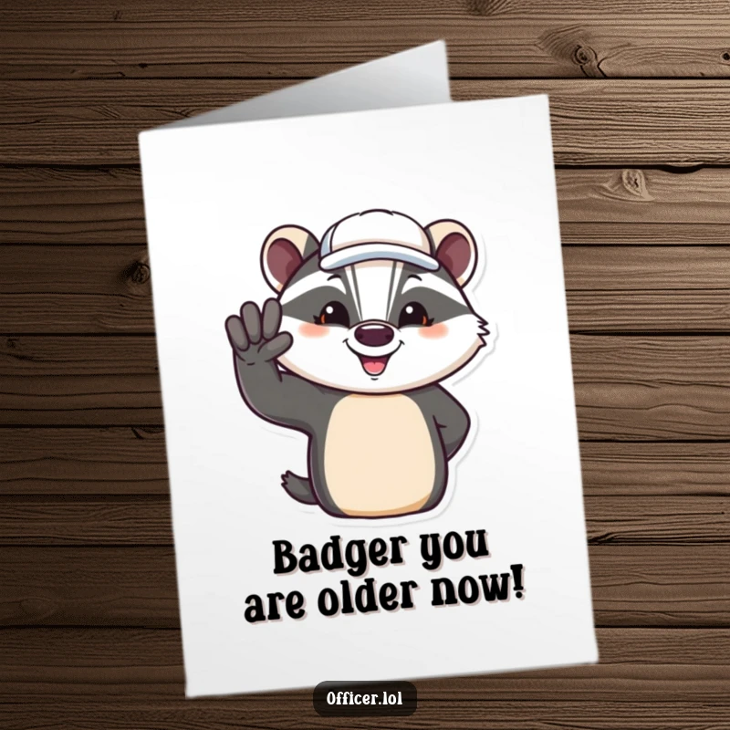 Funny Free Printable Birthday Card featuring a jovial badger in a cap saluting happily, perfect for a DIY gift.