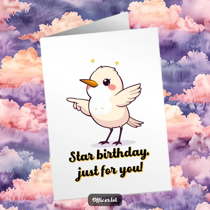 Funny Free Printable Birthday Card: A twinkling starling clearly pointing the way, ideal for a DIY gift.