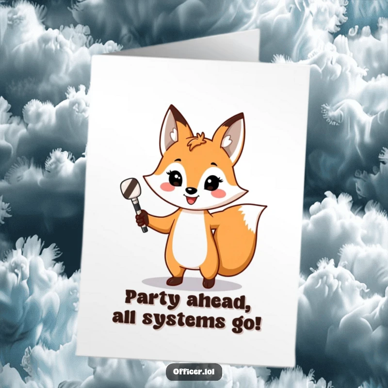 Funny Free Printable Fox Birthday Card, playful fox directing traffic with baton, confident smile, birthday celebration, downloadable.