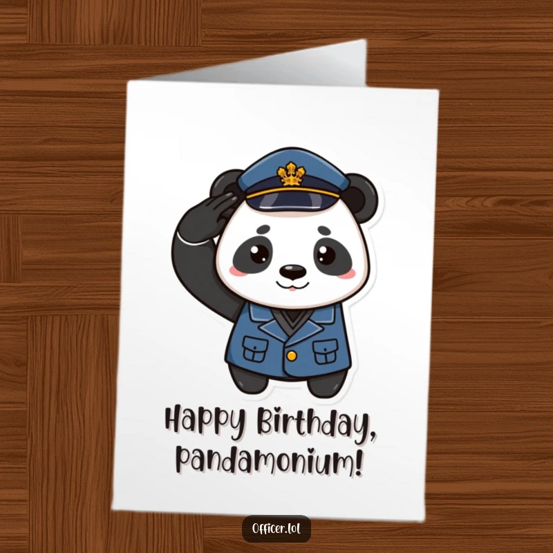 Funny Free Printable Panda Birthday Card: A playful panda in uniform salutes with a proud smirk, wishing a happy birthday.