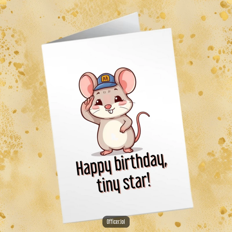 Free Printable Birthday Card: Tiny mouse character saluting smartly with a small hat and a proud smile.