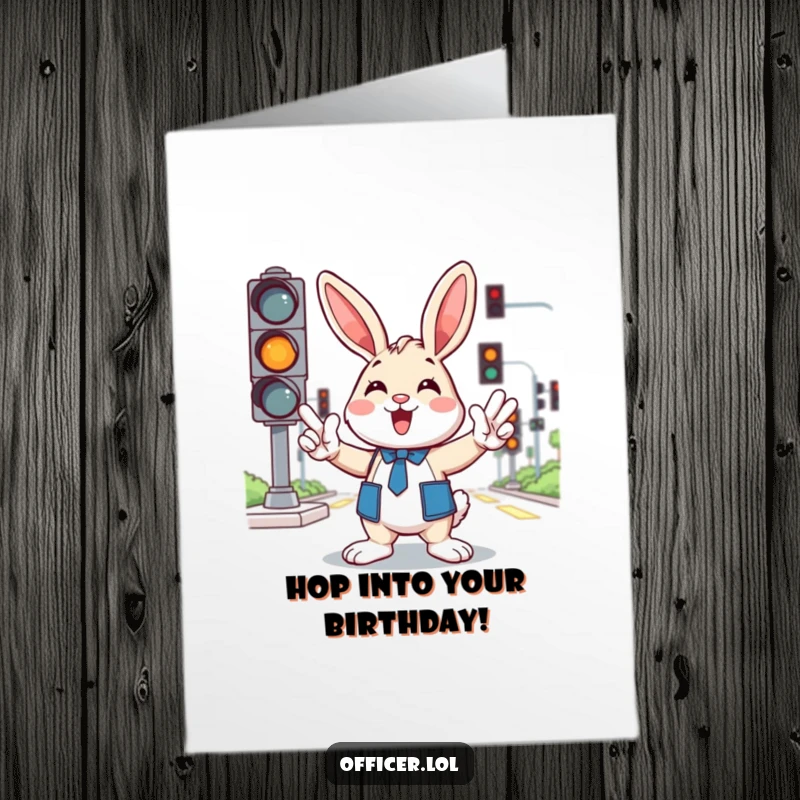 Funny Free Printable Birthday Card: Cheerful bunny enthusiastically directing birthday traffic with paw gestures and lights.