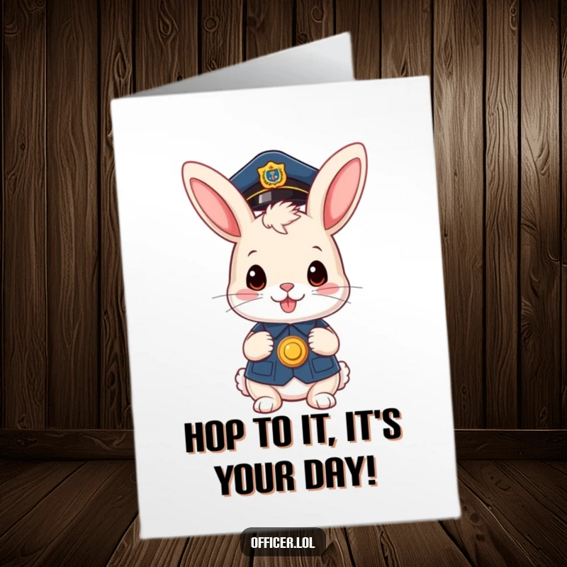 Free Printable Bunny Officer Birthday Card: A cute bunny officer in a tiny cap proudly holds a badge, smiling at the birthday.