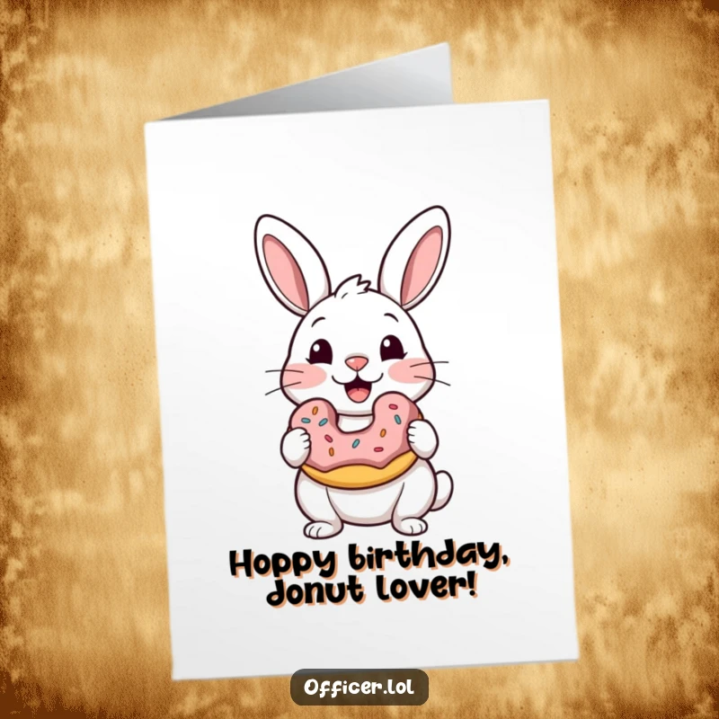 Funny free printable birthday card showing a delighted rabbit with big, satisfied eyes clutching a delicious donut, ready to celebrate.
