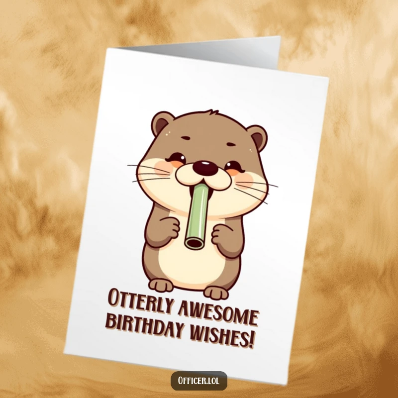Funny Free Printable Birthday Card: Cheerful otter loudly blowing a whistle with a huge grin