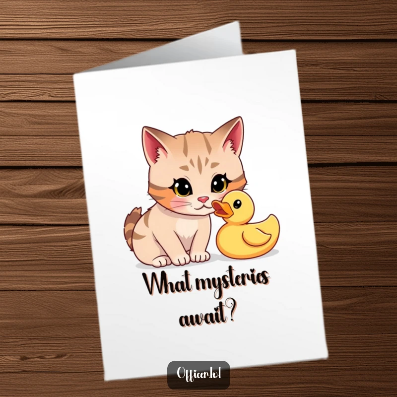 Funny Free Printable Birthday Card: Cat playfully interrogates a rubber duck, adding a curious birthday wish.