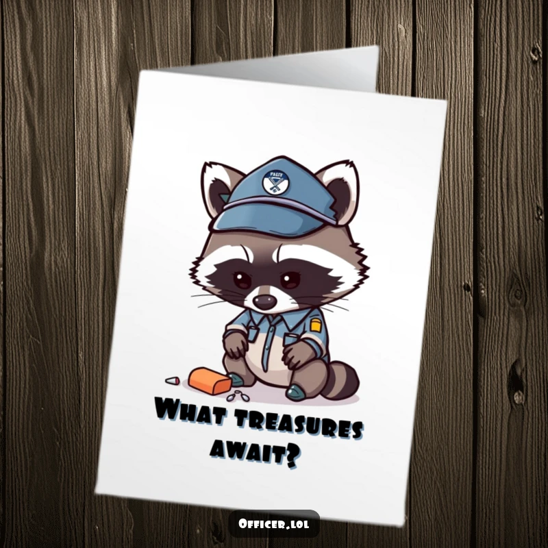 Funny Free Printable Birthday Card showing a curious raccoon officer examining a dropped item intensely.