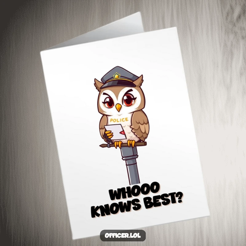 Funny Free Printable Birthday Card featuring a winking owl officer perched on a lamppost, holding a notepad.