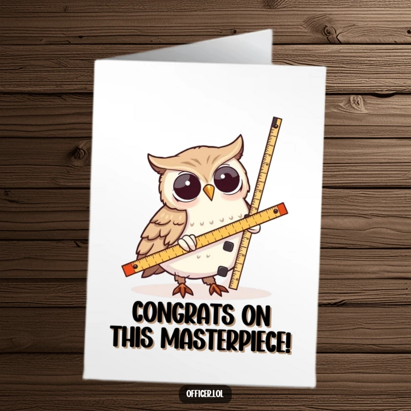 Funny Free Printable Congratulations Card: A wise owl measures a suspiciously lopsided tower with a ruler, humorously acknowledging a challenging success.