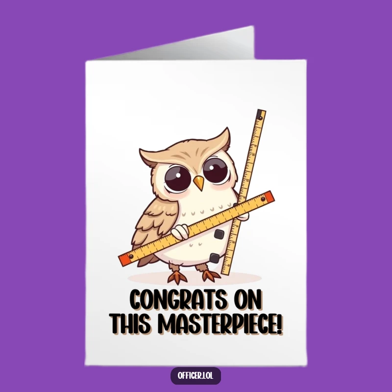 Free Printable Congrats Card: Owl Measures Lopsided Tower, Humorous Achievement Art