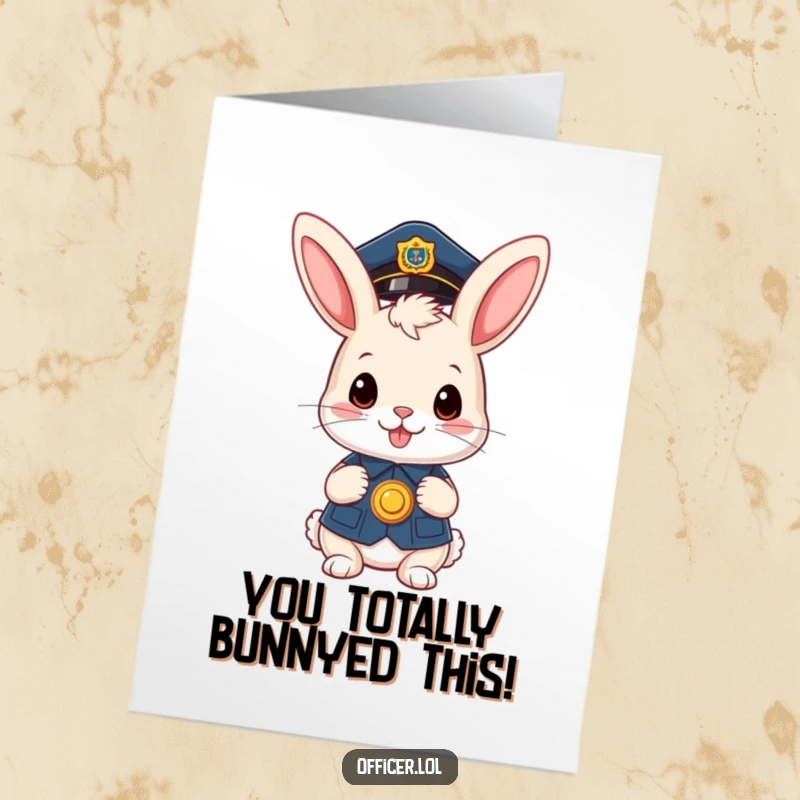 Free Printable Bunny Officer Congratulations Card: A cute bunny officer beams with pride, badge held high, celebrating your win.