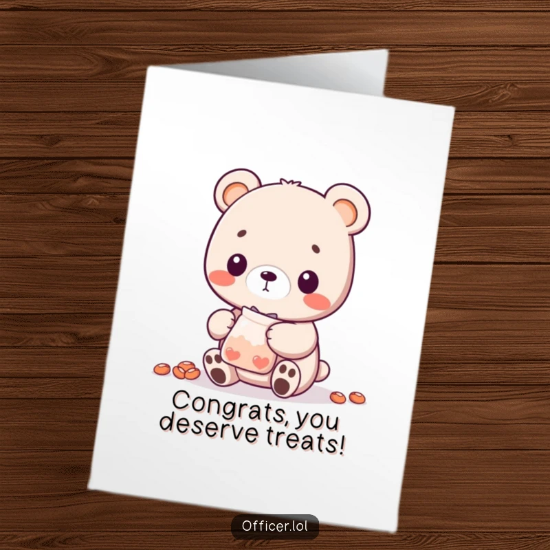Funny Free Printable Congratulations Card: A cute bear cub generously hands out a small bag of treats with a nod, celebrating a success humorously.
