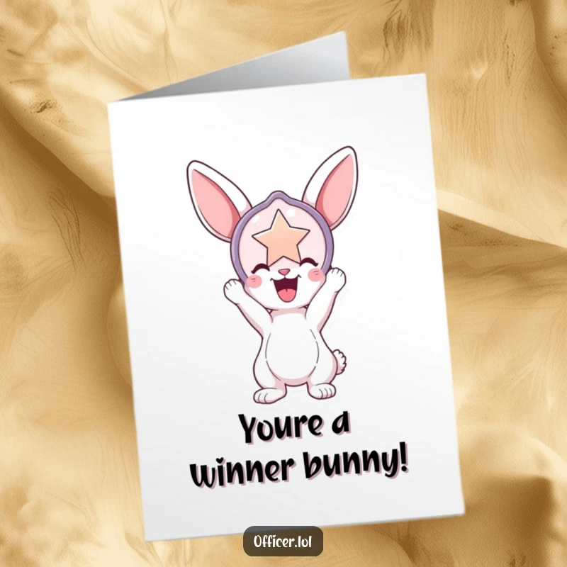 Funny Free Printable Congrats Card: A playful bunny proudly displays a large, shiny badge, signifying a truly outstanding accomplishment.