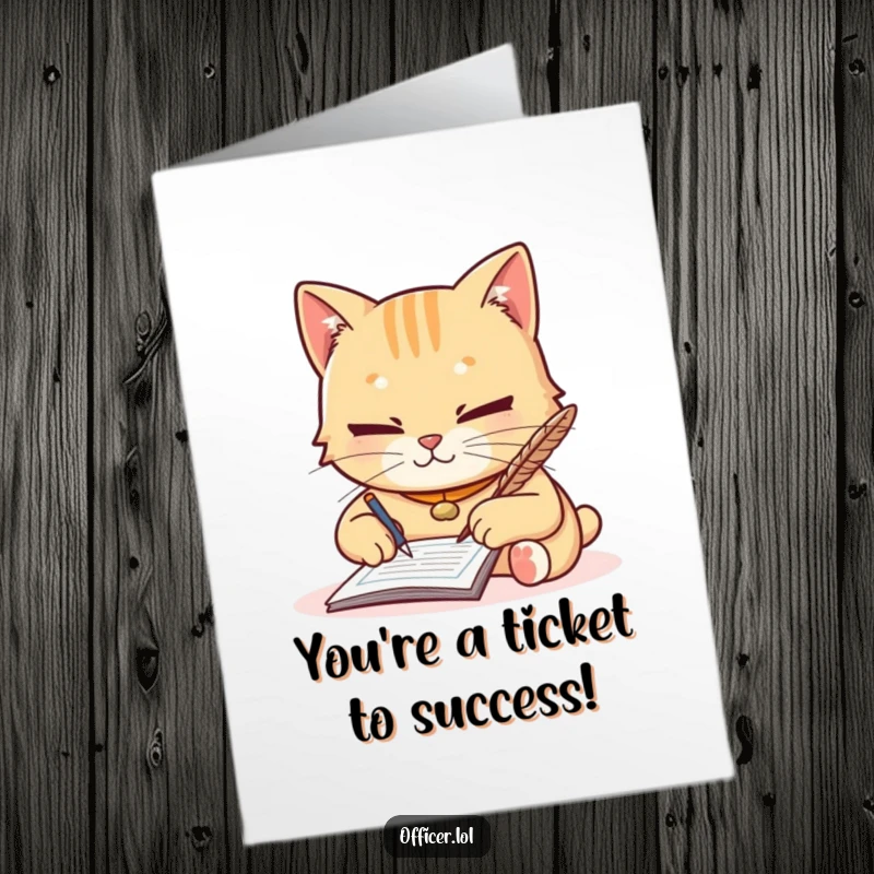 Funny Free Printable Congratulations Card: A diligent cat, friendly demeanor, writing a humorous 'ticket' for an outstanding achievement celebration.