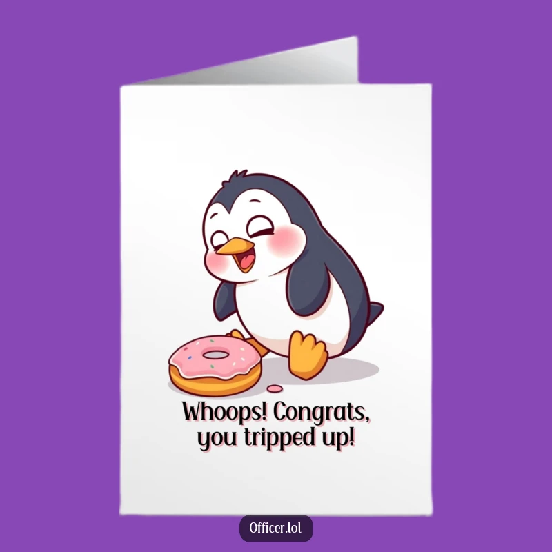 Free Printable Congrats Card: Penguin Donut Trip, Humorous Achievement Surprise Download