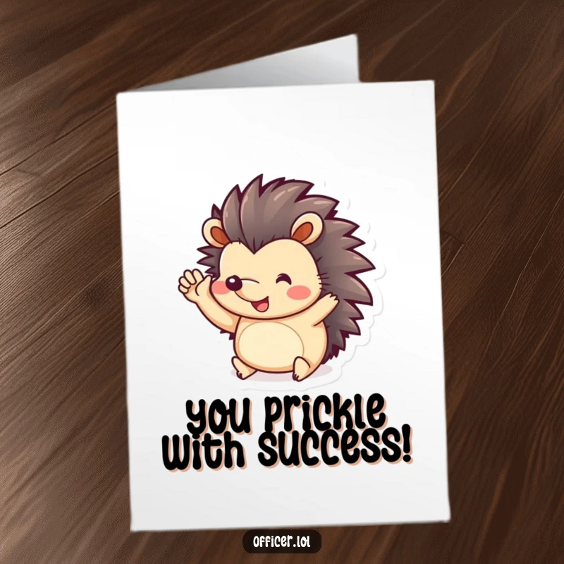Funny Free Printable Congratulations Card showing a playful hedgehog saluting cheerfully with tiny paws, celebrating achievements with a smile.