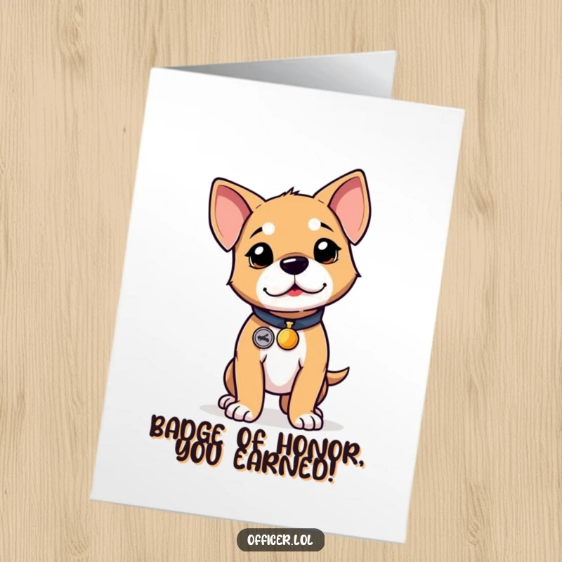 Funny Free Printable Puppy Congratulations Card, determined puppy wearing badge, proud stance, celebrating achievement, downloadable.