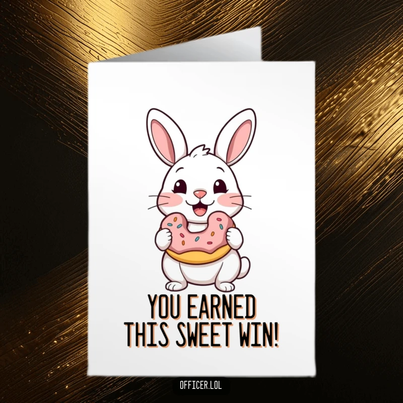 Funny free printable congratulations card featuring a rabbit ecstatically holding a donut, eyes closed in pure, sweet satisfaction and celebration.