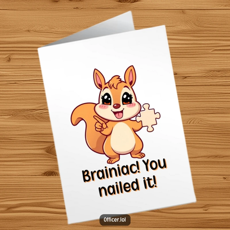 Free Printable Congratulations Card: Energetic squirrel character triumphantly pointing at a finished puzzle.