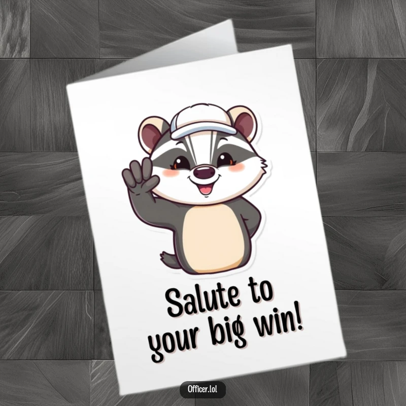Funny Free Printable Congratulations Card: Jovial badger in a tilted cap giving a friendly salute, great DIY.