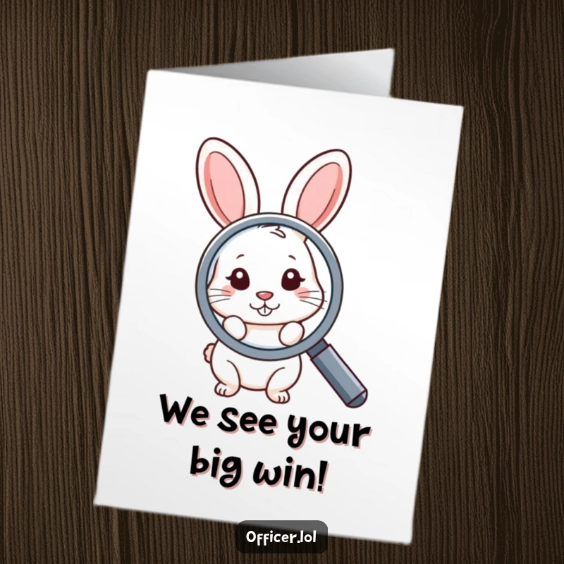 Funny Free Printable Congratulations Card of a shy rabbit peering through a large magnifying glass with intrigue.