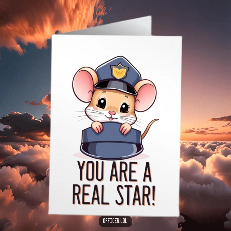 Funny Free Printable Congratulations Card featuring a curious mouse peeking from a police hat, celebrating a successfully solved case.