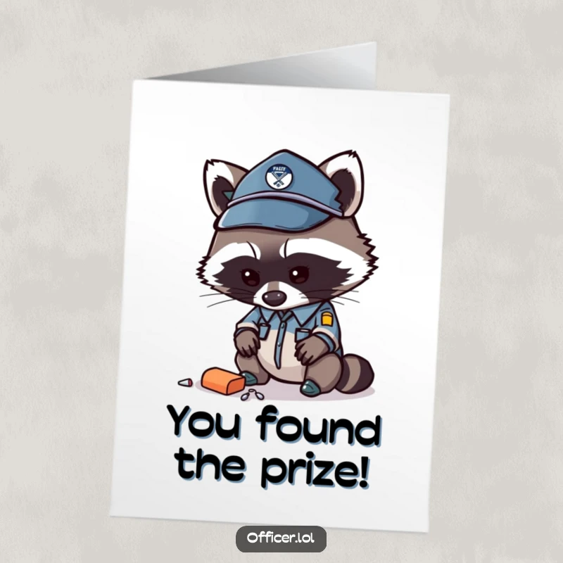 Funny Free Printable Congratulations Card featuring a curious raccoon officer looking closely at an item.
